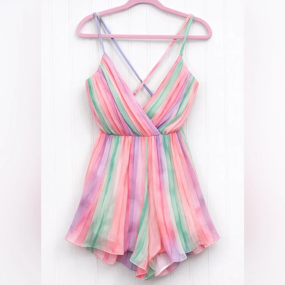 Luxxel Multicolor Striped Pastel wrap Flowy Festival Romper Chiffon Pleated - Picture 2 of 8